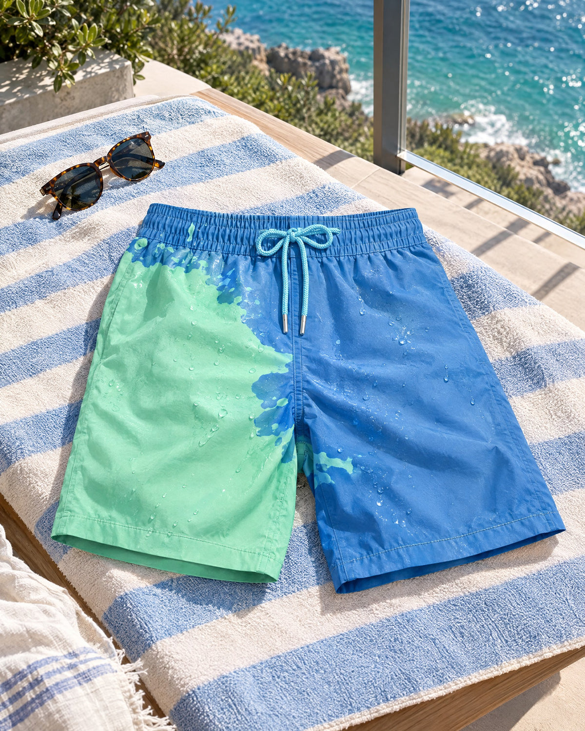 The Original thermochromic swim shorts in Blue to Green on a striped towel by the sea