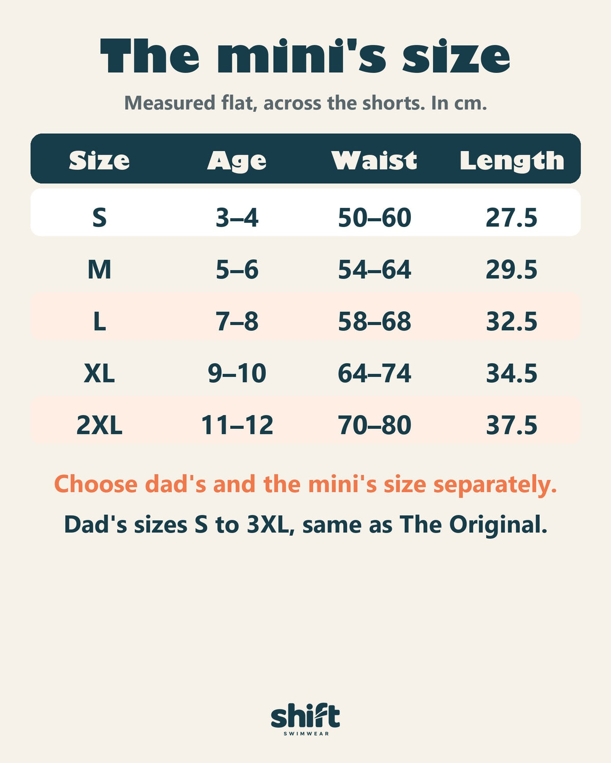 The mini's size: size chart in centimetres