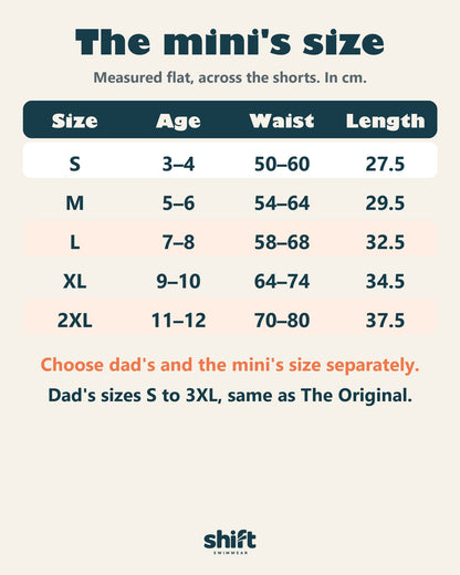 The mini's size: size chart in centimetres