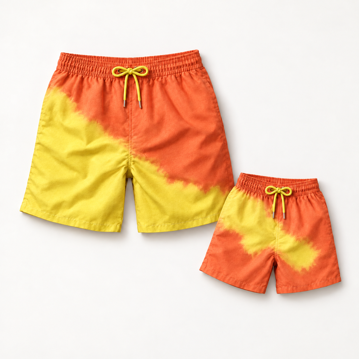 Shift Dad & Mini matching colour-changing swim shorts set, Orange to Yellow