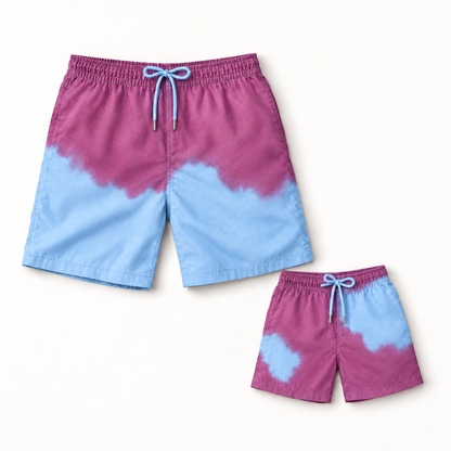 Shift Dad & Mini matching colour-changing swim shorts set, Purple to Blue