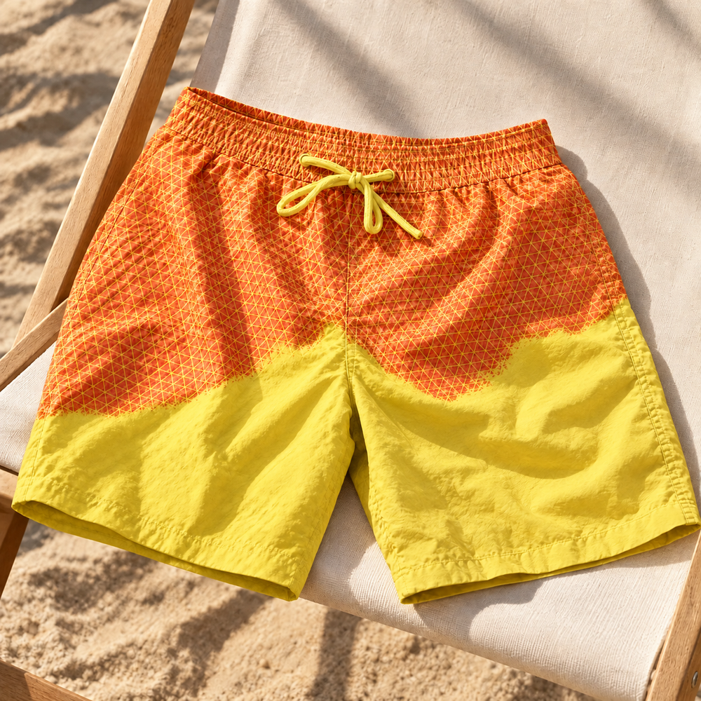 Shift Geometric colour-changing swim shorts, Orange to Yellow, on a beach chair
