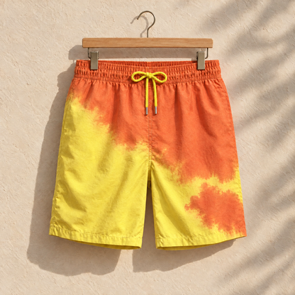 Shift men's colour-changing swim shorts, Orange to Yellow, on a hanger