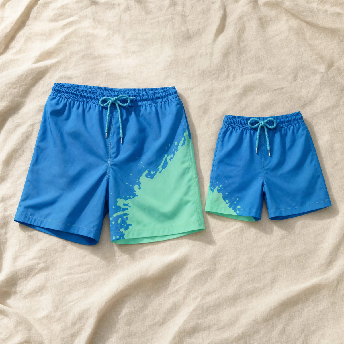 Shift Dad & Mini matching colour-changing swim shorts set, Blue to Green
