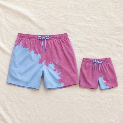 Shift Dad & Mini matching colour-changing swim shorts set, Purple to Blue
