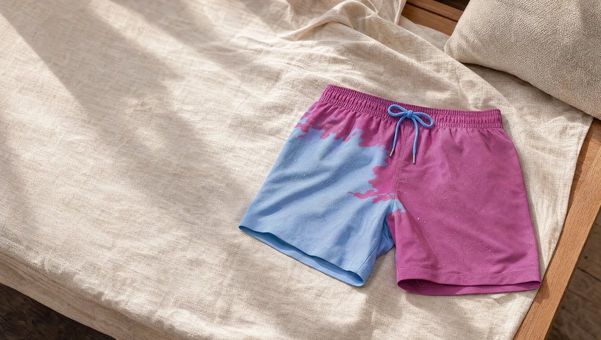 Shift Purple to Blue swim shorts on a linen daybed