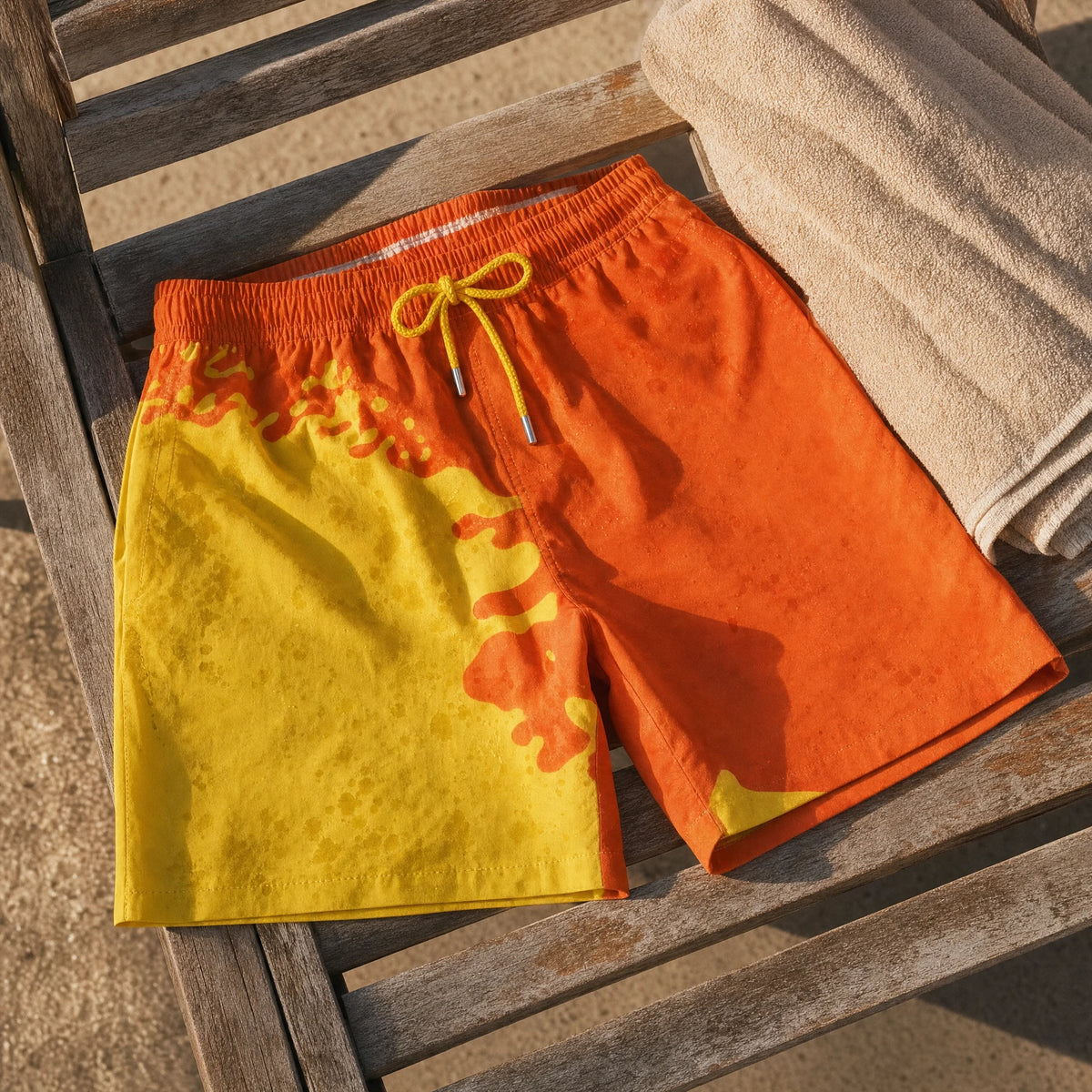 Shift men's colour-changing swim shorts, Orange to Yellow, on a timber beach chair