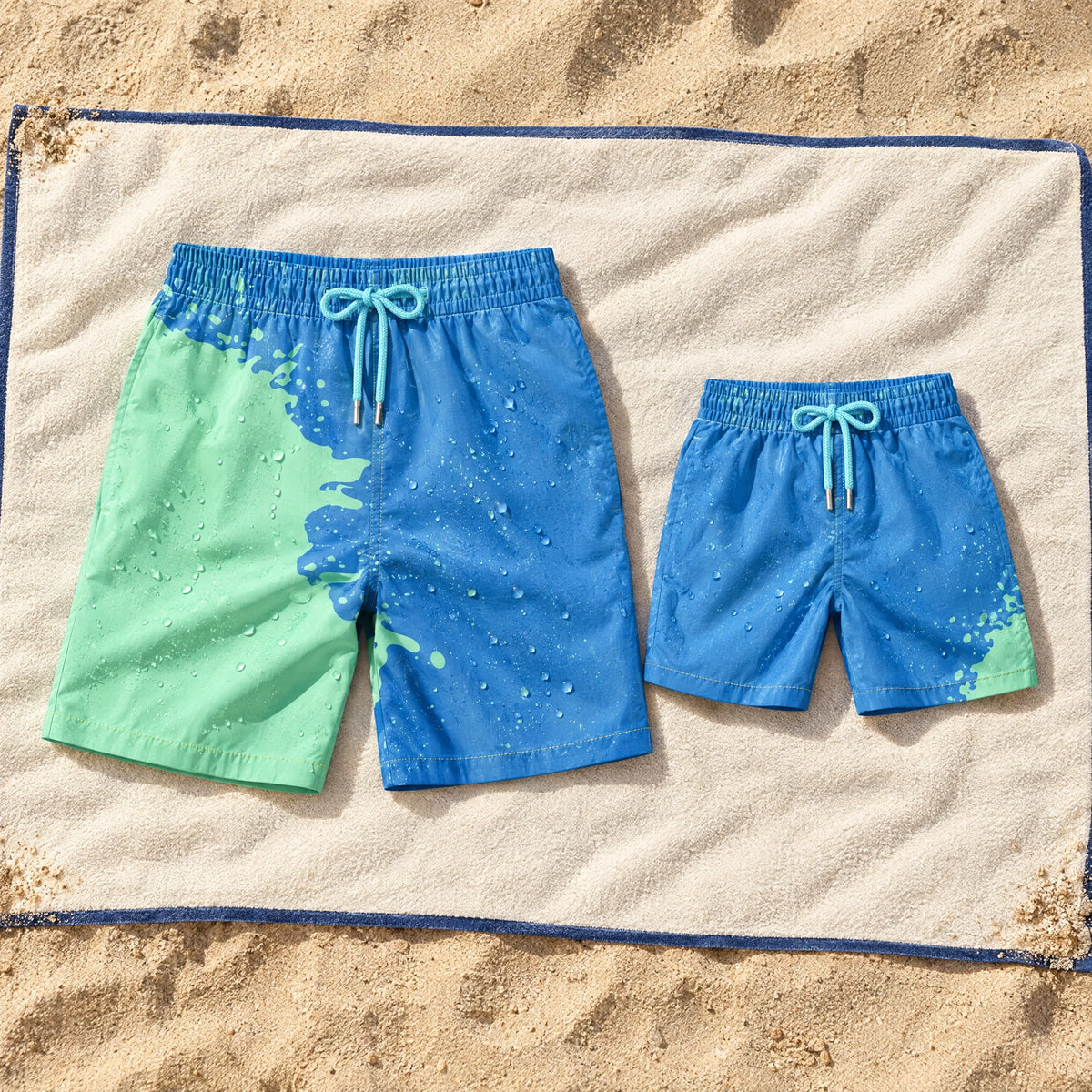 Shift Dad & Mini matching set in Blue to Green on a beach towel