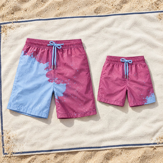 Shift Dad & Mini matching set in Purple to Blue on a beach towel